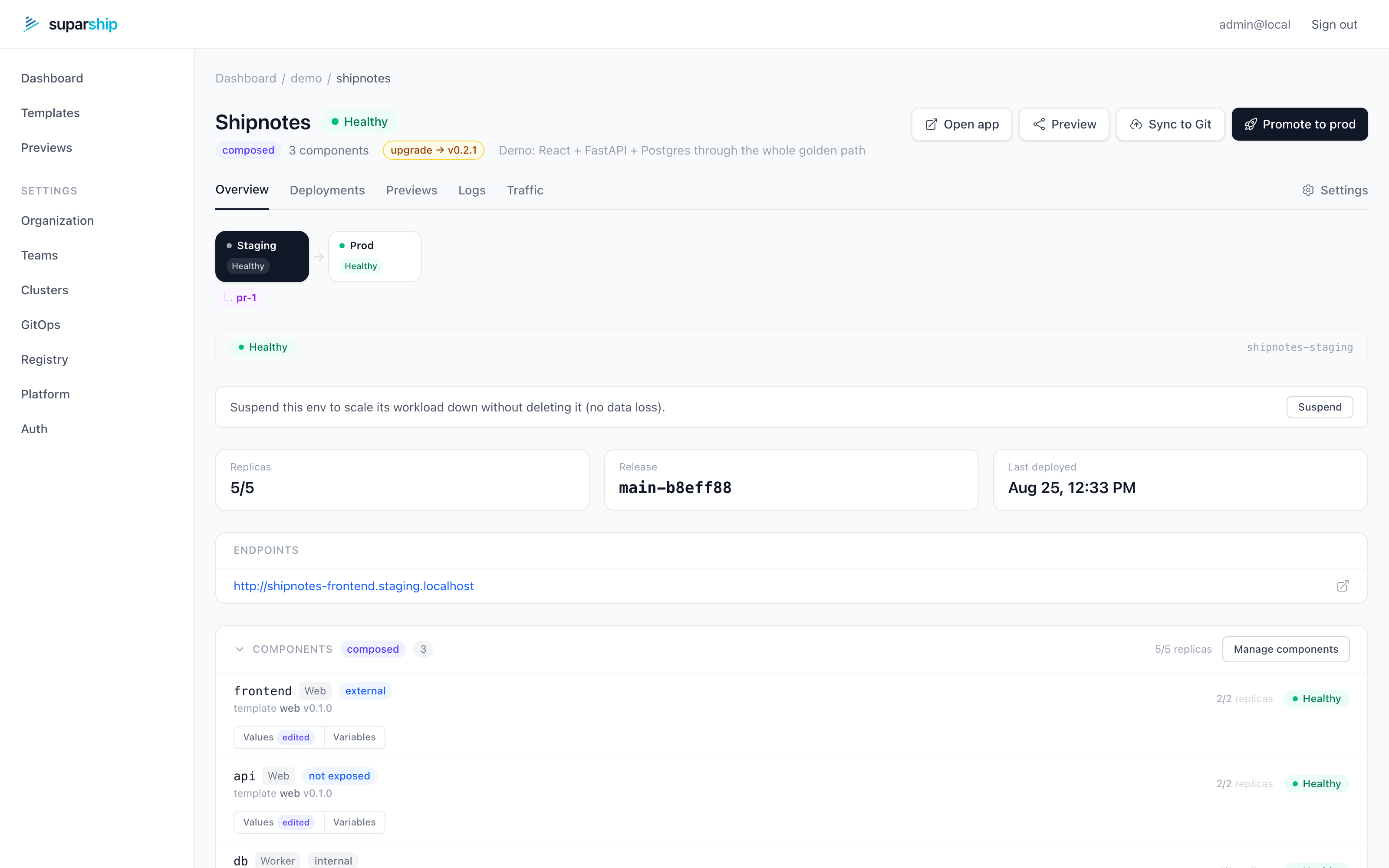 suparship app detail: staging to prod pipeline with a live PR preview