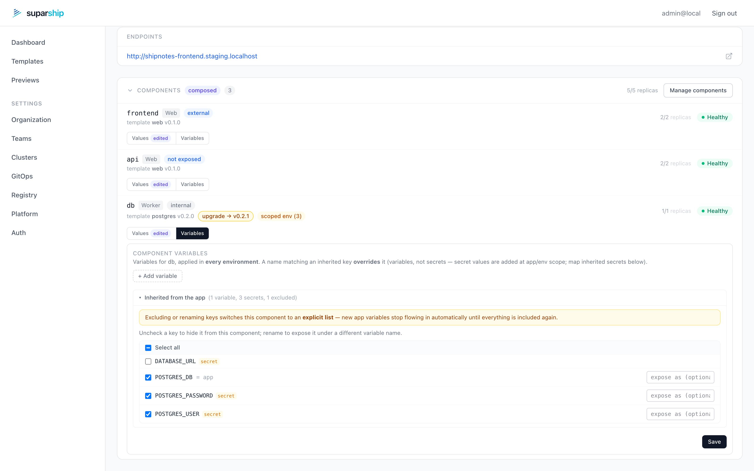 suparship per-component variable and secret curation