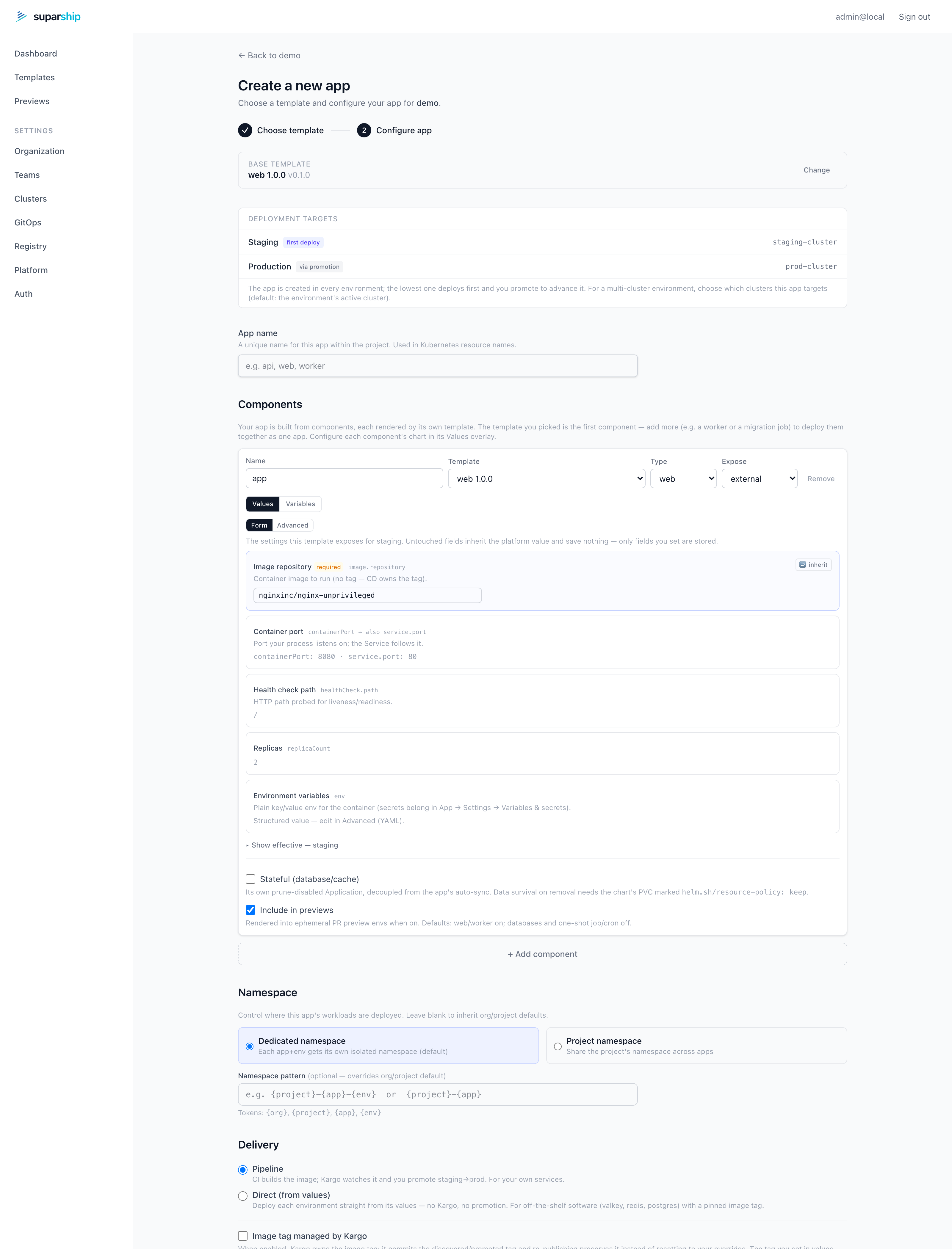 suparship create-app wizard configure step