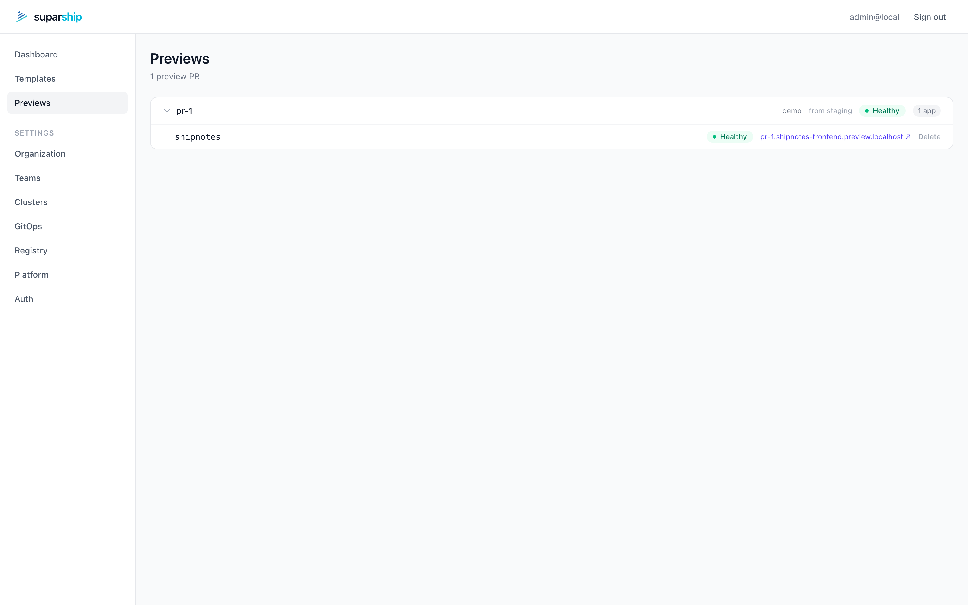 suparship previews page with a live per-PR environment
