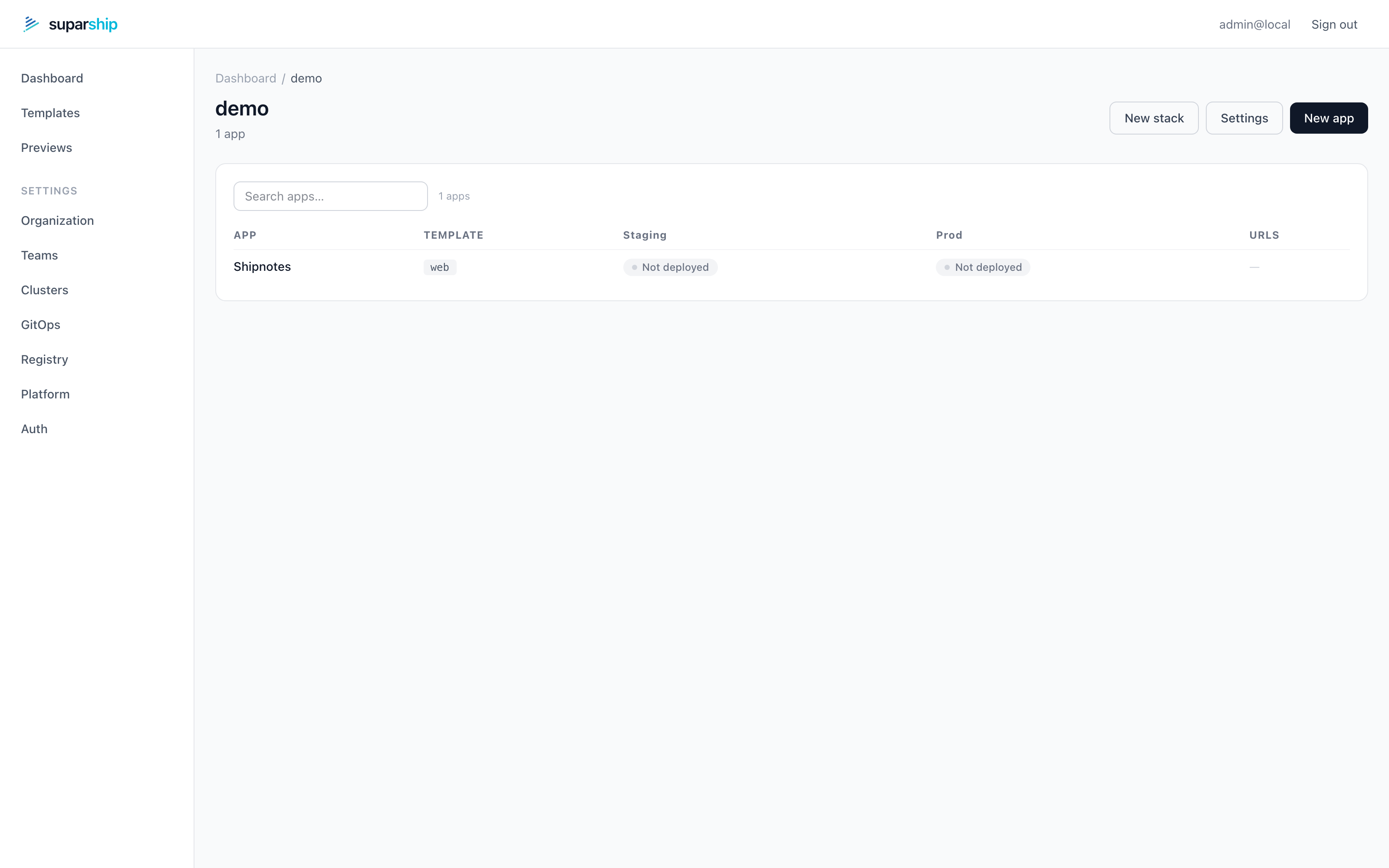 suparship project dashboard with app health per environment