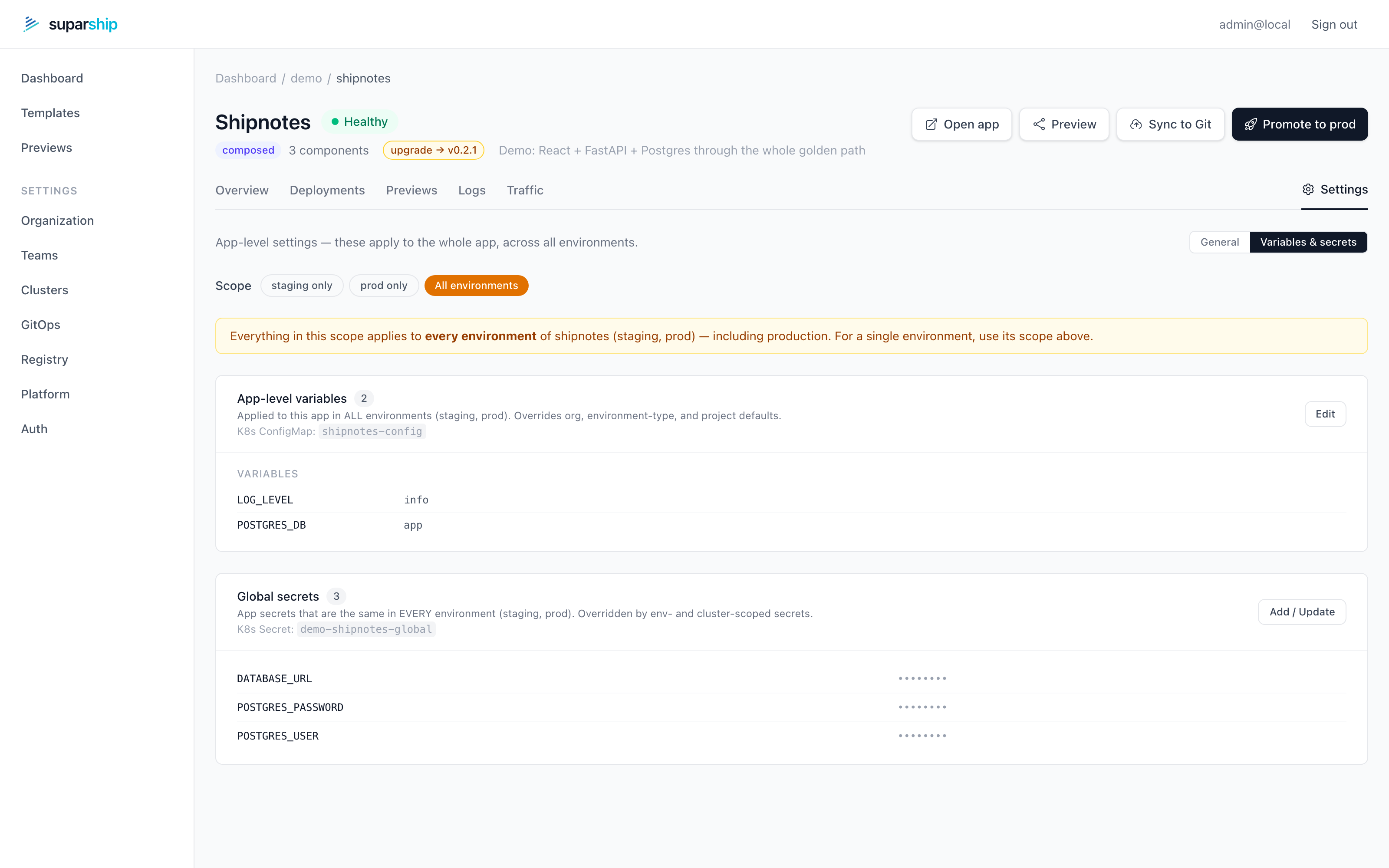 suparship app variables and secrets with environment scopes